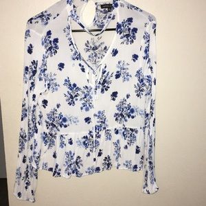 Long Sleeve White and Blue Blouse